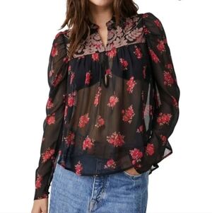 Free People Black Sheer Blouse with Red Floral Design-Size XS
